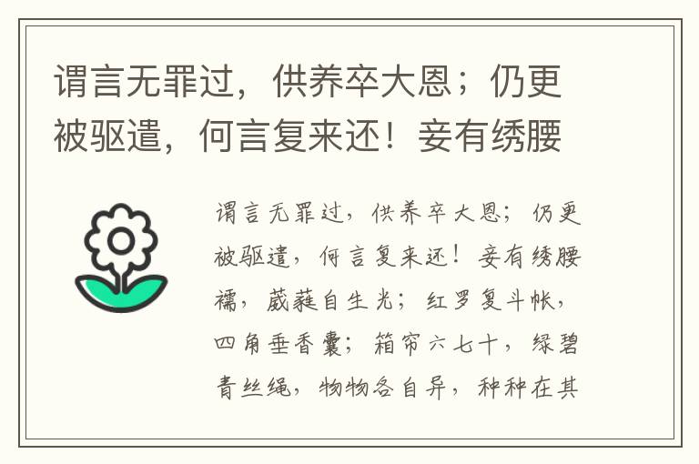 谓言无罪过，供养卒大恩；仍更被驱遣，何言复来还！妾有绣腰襦，葳蕤自生光；红罗复斗帐，四角垂香囊；箱帘六七十，绿碧青丝绳，物物各自异，种种在其中