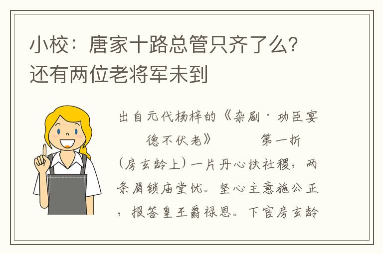 小校：唐家十路总管只齐了么？还有两位老将军未到