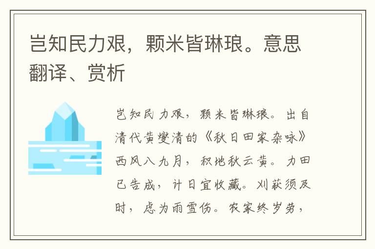 岂知民力艰，颗米皆琳琅。意思翻译、赏析