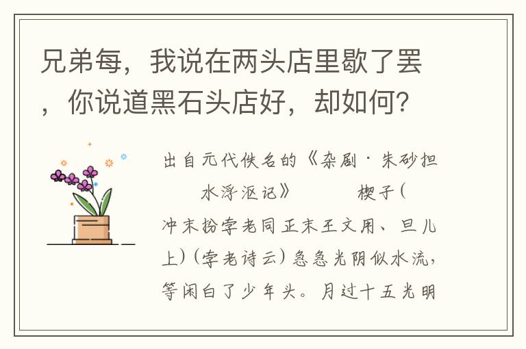 兄弟每，我说在两头店里歇了罢，你说道黑石头店好，却如何？快把那驴子赶过来，依旧到两头店里歇去