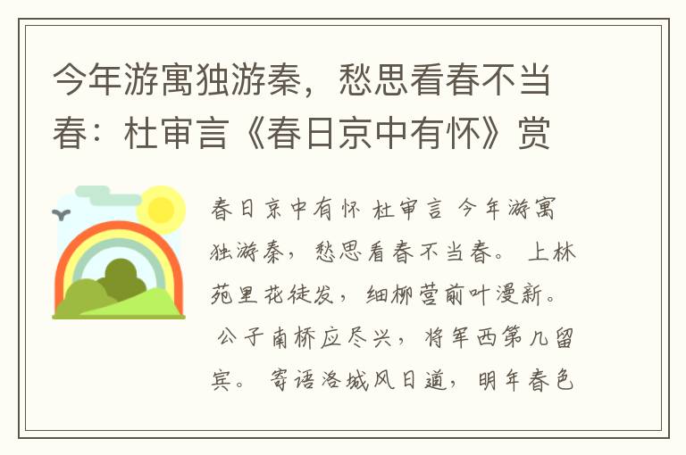 今年游寓独游秦，愁思看春不当春：杜审言《春日京中有怀》赏析