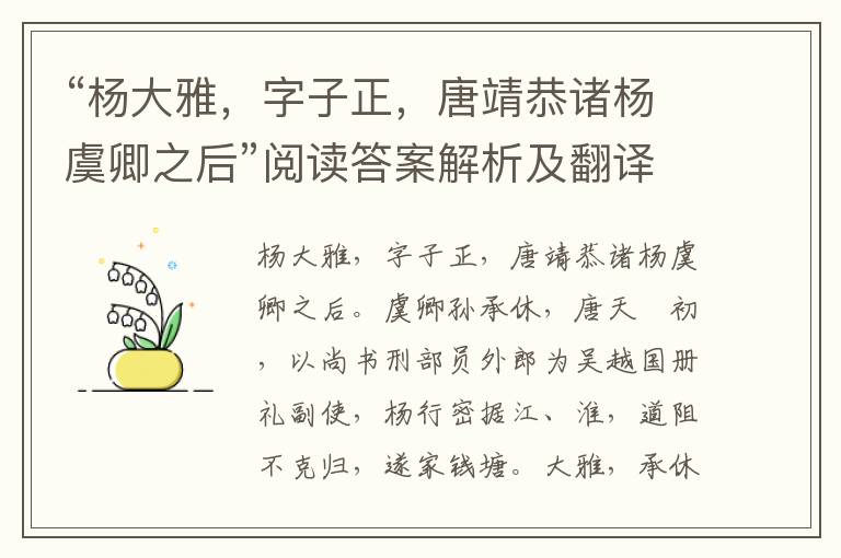 “杨大雅，字子正，唐靖恭诸杨虞卿之后”阅读答案解析及翻译