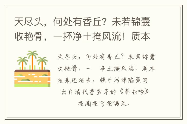 天尽头，何处有香丘？未若锦囊收艳骨，一抷净土掩风流！质本洁来还洁去，强于污淖陷渠沟