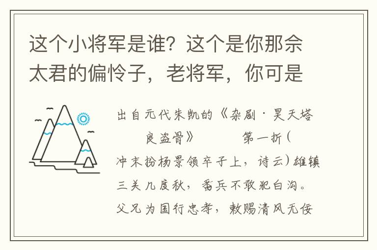 这个小将军是谁？这个是你那佘太君的偏怜子，老将军，你可是谁？我是你老爹爹杨令公