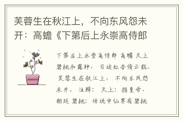 芙蓉生在秋江上，不向东风怨未开：高蟾《下第后上永崇高侍郎》