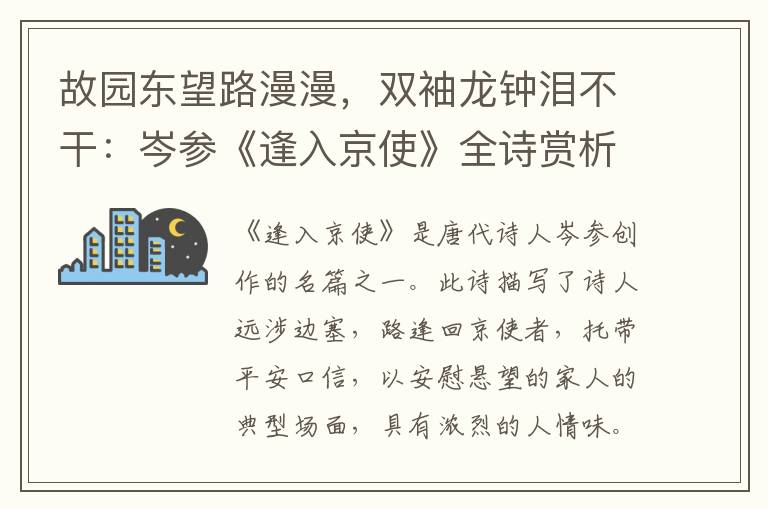 故园东望路漫漫，双袖龙钟泪不干：岑参《逢入京使》全诗赏析