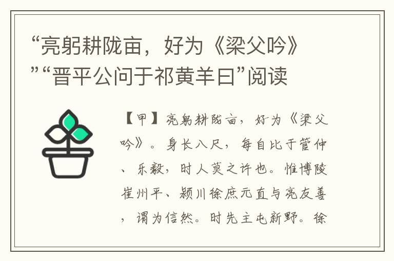 “亮躬耕陇亩，好为《梁父吟》”“晋平公问于祁黄羊曰”阅读答案