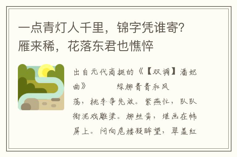 一点青灯人千里，锦字凭谁寄？雁来稀，花落东君也憔悴