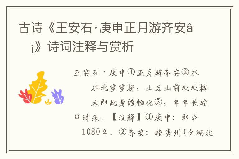 古诗《王安石·庚申正月游齐安②》诗词注释与赏析