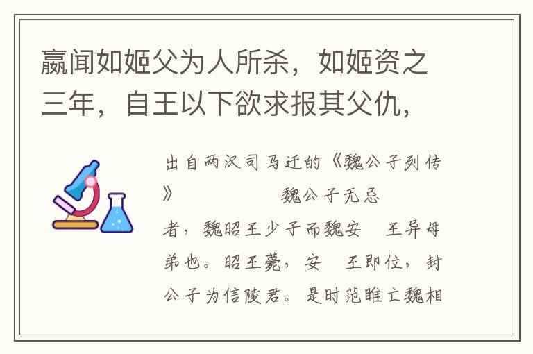 嬴闻如姬父为人所杀，如姬资之三年，自王以下欲求报其父仇，莫能得